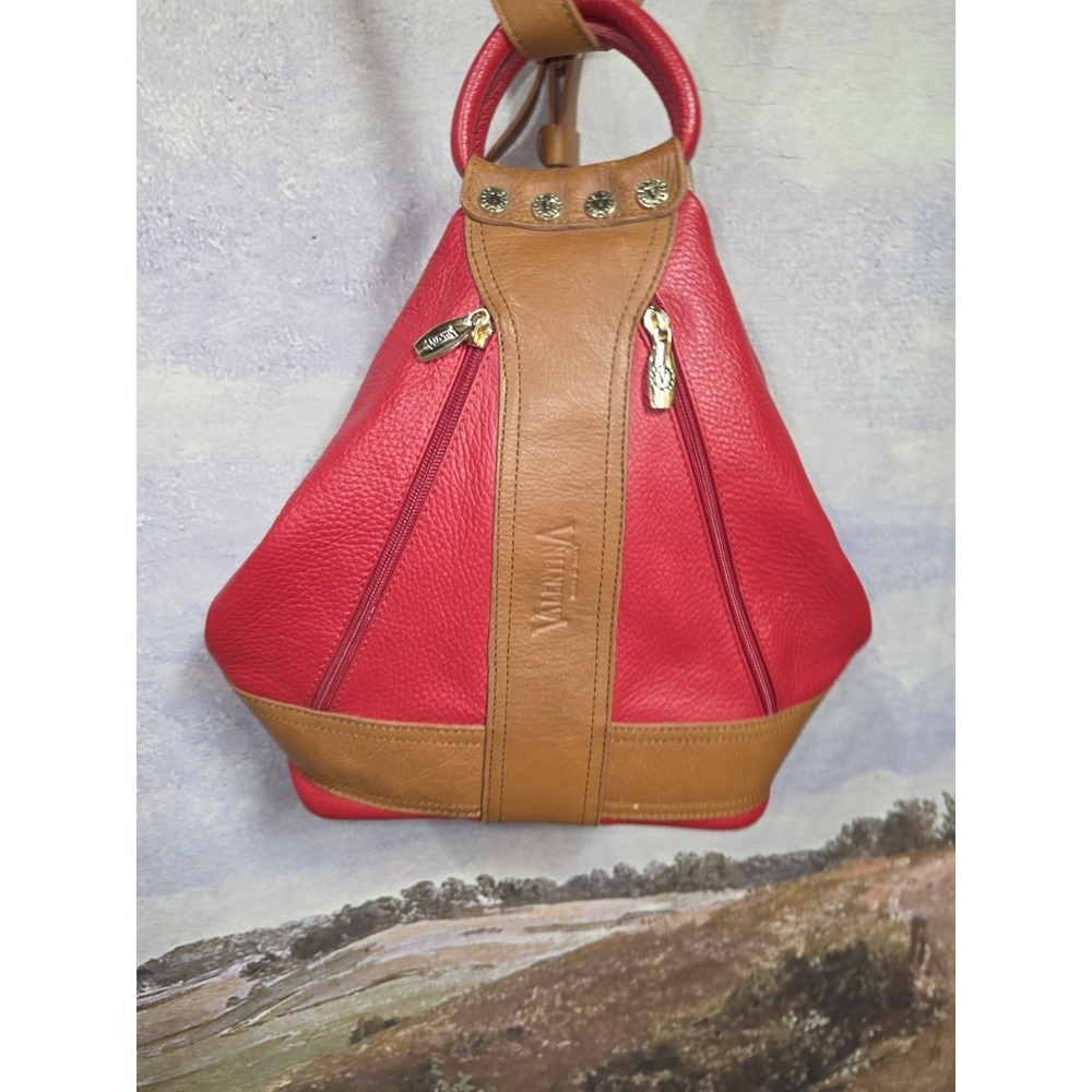 Valentina Italian Pebbled Leather Convertible Sling Backpack Bag Red/Brown